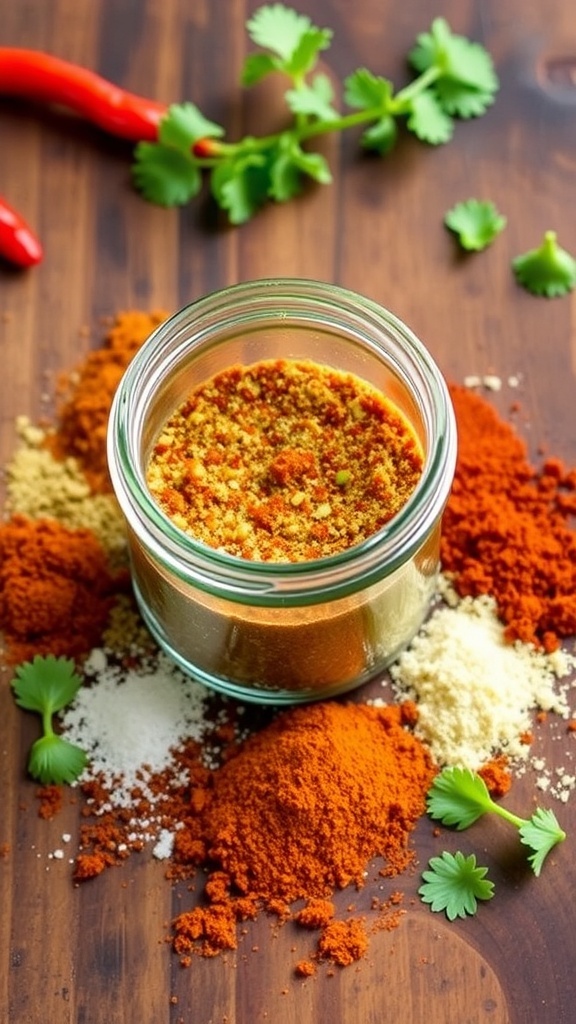 A jar of chicken quesadilla seasoning with spices like chili powder and cumin on a wooden table.
